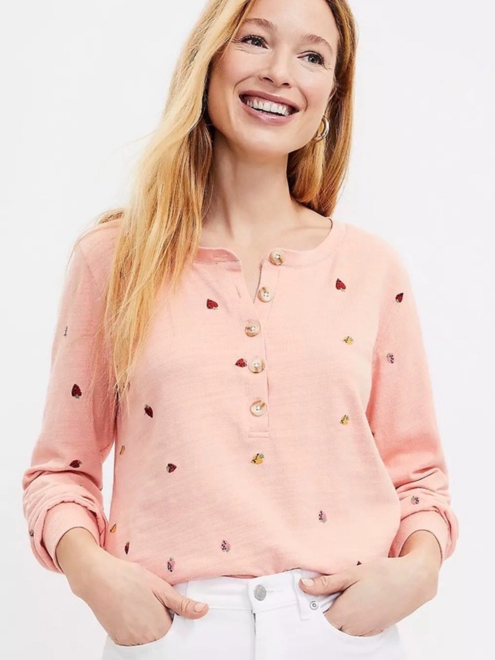 🍓 LOFT Women’s Embroidered Strawberry Henley Top Cottagecore